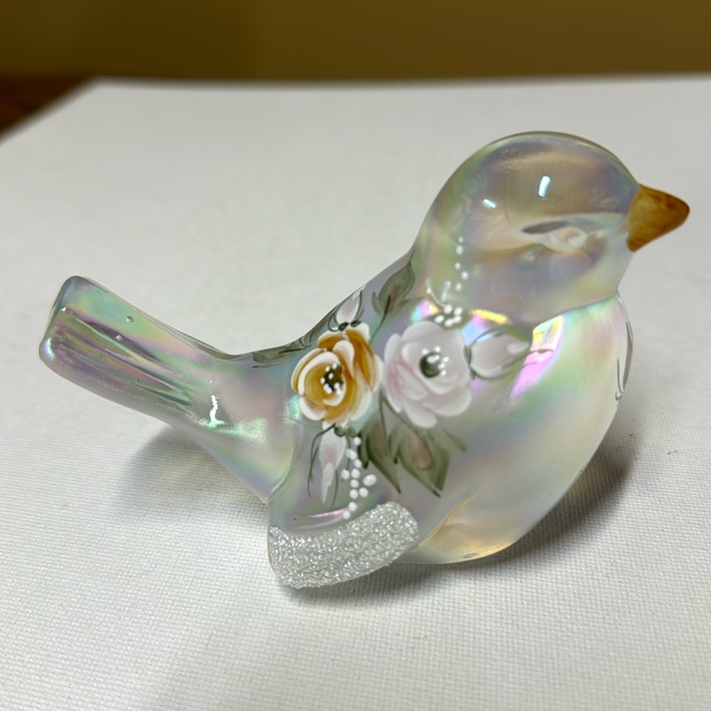 FENTON Signed Hand Painted opalescent Bird Flowers USA